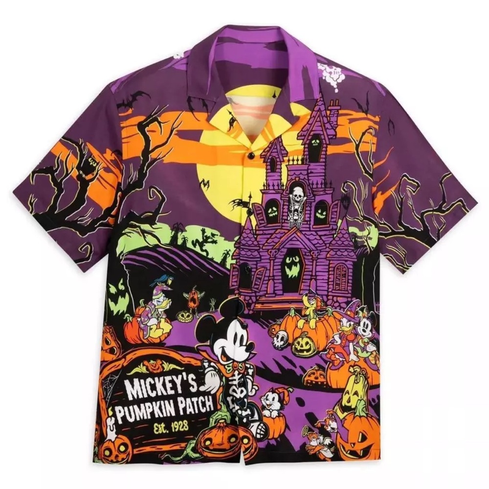 NEW Disney Halloween Shirt Purple Mickey Mouse Pumpkin Button Up Mens XS